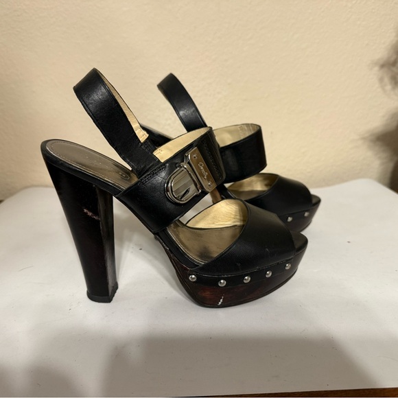 COACH Darcey Open-Toe Platform Heels Women’s 7B Black Silver Buckle Wood Heel - Picture 1 of 9